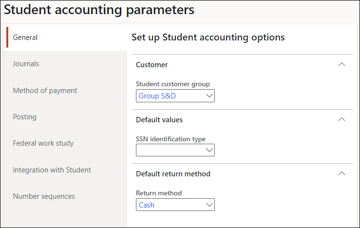 General tab of the Student accounting parameters page